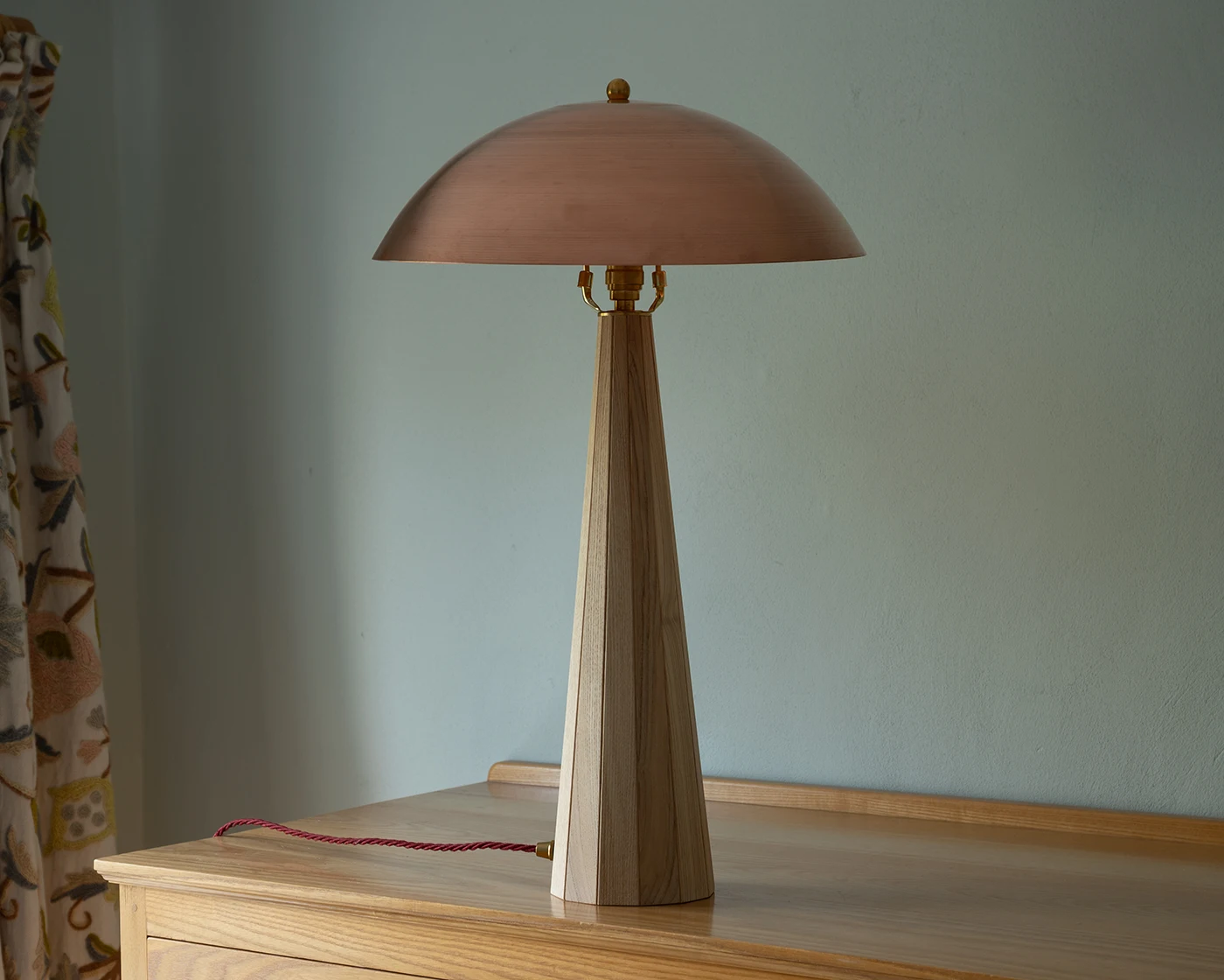 Copper lamp with hand-spun copper shade and coopered ash base