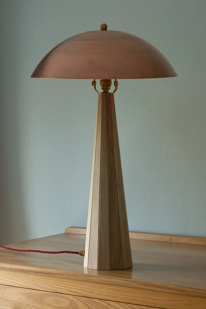 Copper lamp with hand-spun copper shade and coopered ash base