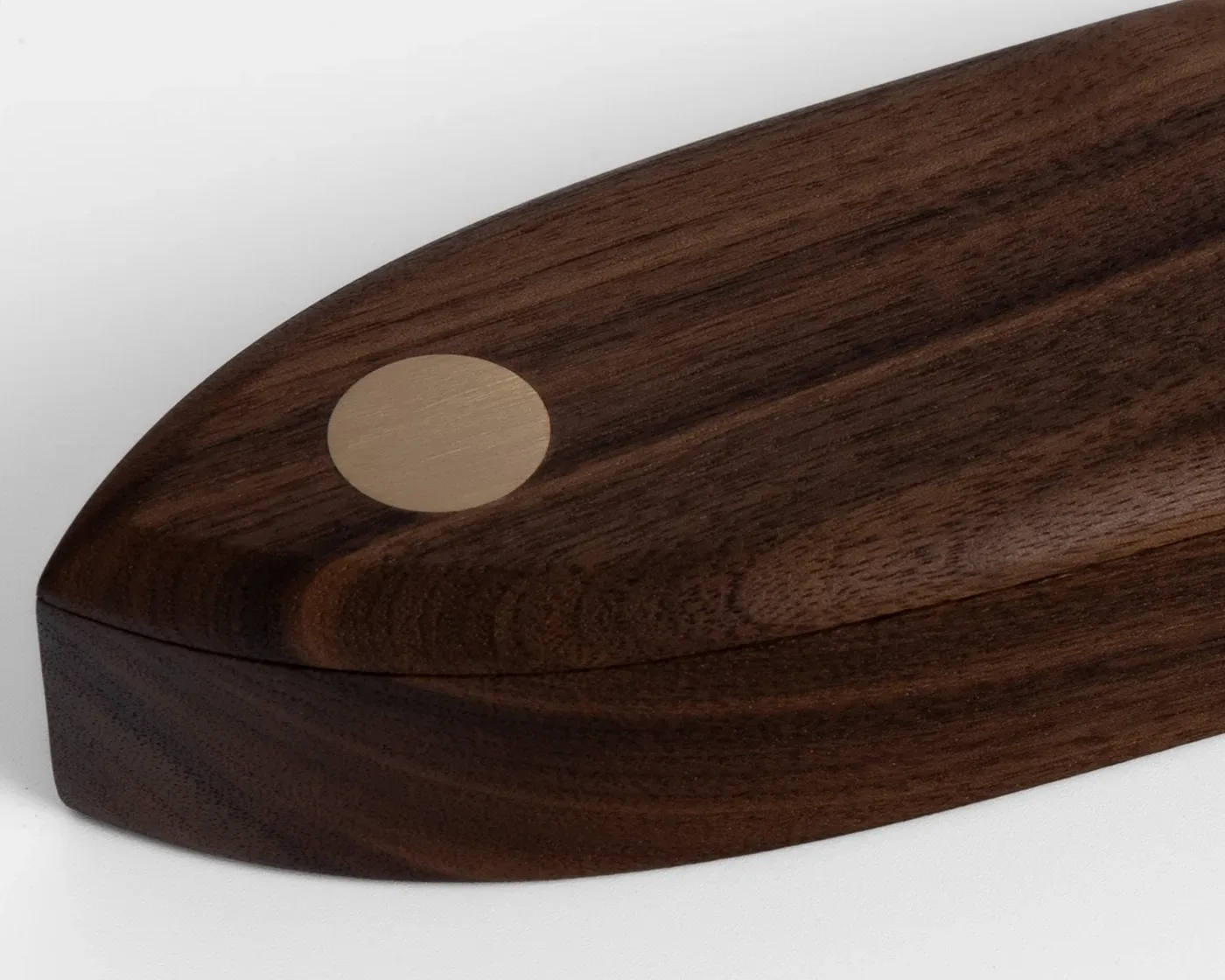 Walnut pen box open with pencil and ruler inside, showing the sailing boat hull form
