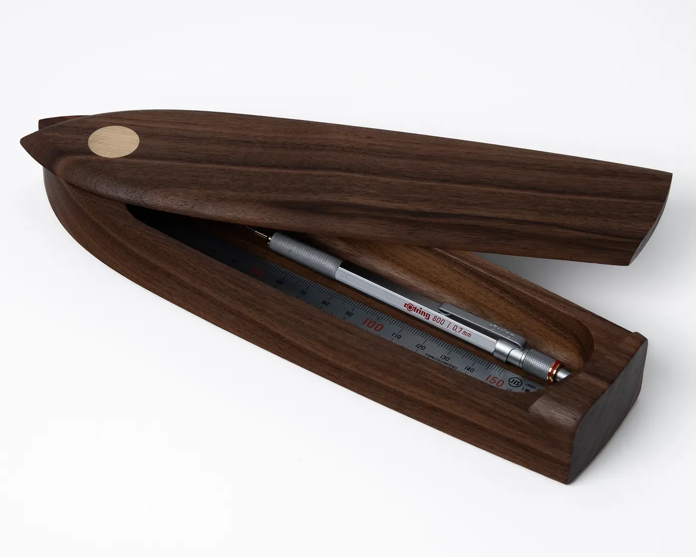 Walnut pen box with brass pivot inlay, made in Oxfordshire