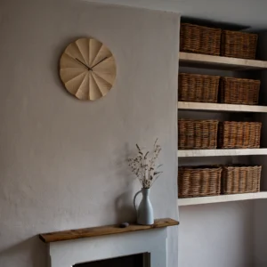 Fluted wooden clock product photographed in interior lifestyle setting